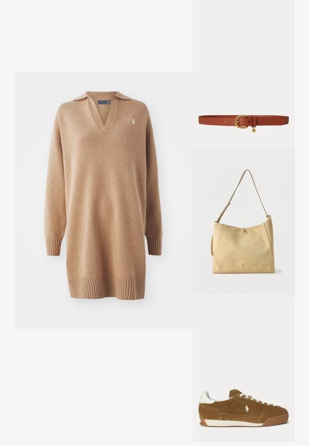 Beige striktrøje med V-hals og polo-krave. Har ribbede manchetter og kant. Broderet logo på venstre bryst. Blød tekstur.; Brun ruskind lav-top sneaker med hvide snørebånd, hvid hælaccent, gummisål og broderet Polo-logo på siden.; Beige skuldertaske i ruskind med justerbar strop og lille orange logo nær bunden i midten, ensfarvet baggrund.; Brunt læderbælte med en gylden buet spænde og en lille rund gylden vedhæng, der hænger nær spænden på en ensfarvet baggrund.