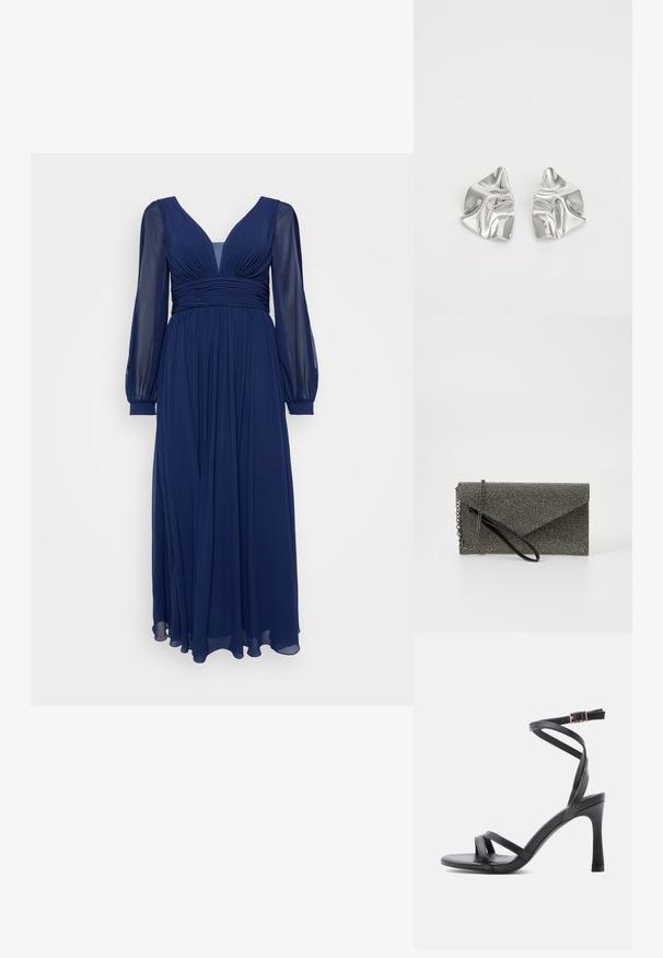 Vestido de manga larga azul marino en tejido ligero, con escote en V, cuerpo fruncido y falda fluida con pliegues, que proporciona una textura suave.; Sandalias negras de tacón alto con un diseño elegante, que cuentan con dos tiras estrechas sobre los dedos y una correa cruzada en el tobillo con hebilla.; Cartera de mano metálica gris con patrón de malla texturizada, diseño de sobre, cadena como correa y una correa de muñeca delgada y elegante.; Pendientes de metal plateado con un diseño ondulado y escultórico, que presentan un acabado pulido y formas irregulares, destacando una estética contemporánea.