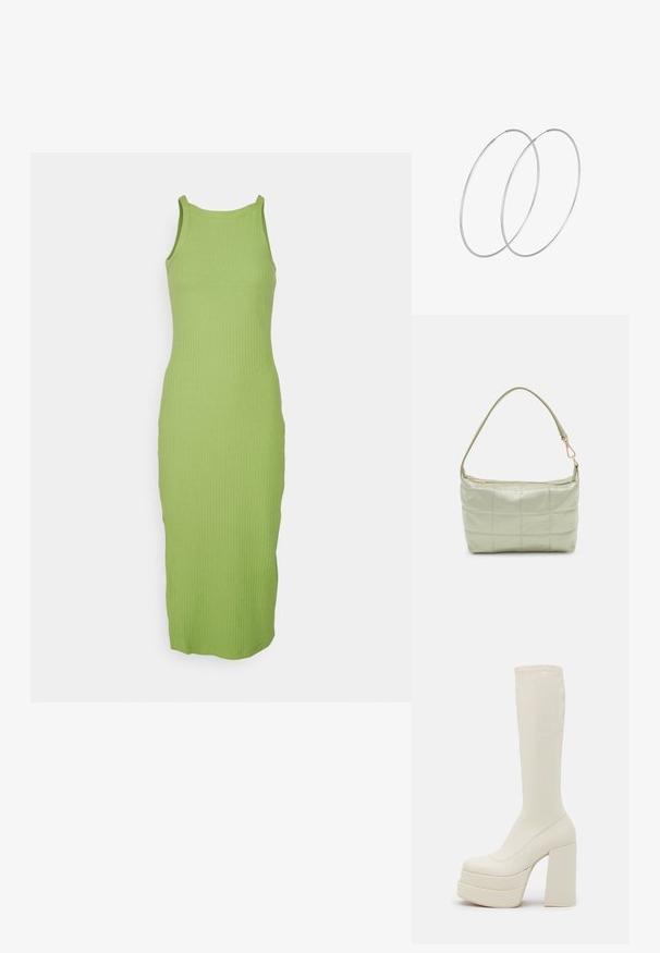 Gebreide tankjurk in felgroen met een ribbeltextuur, voorzien van een ronde halslijn en een aansluitende silhouet, die tot halverwege de kuit valt.; Steve Madden CYPRESS - Plateaulaarzen - off white; Gewatteerde groene schoudertas met een zachte textuur, rechthoekige vorm, enkele schouderriem en een ritsluiting in goudkleur. Voorzien van een gewatteerd patroon.; Zilveren hoepel oorbellen met een minimalistisch ontwerp. Cirkelvormig, gladde textuur en dun profiel. Lichtgewicht met een gepolijste afwerking.