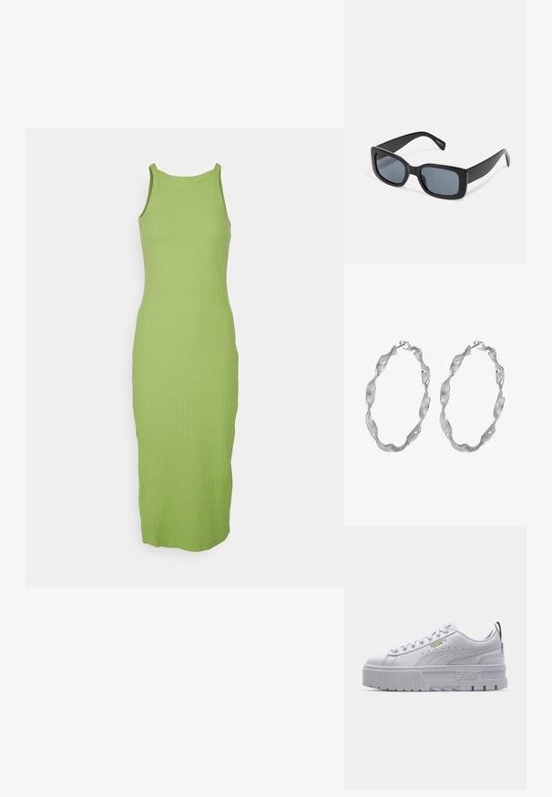 Vestido de punto sin mangas en verde brillante con una textura acanalada, que presenta un escote redondo y una silueta ajustada, llegando hasta la mitad de la pantorrilla.; Zapatillas de plataforma blancas con parte superior de cuero suave, cuello acolchado, suela de goma gris y detalles dorados que presentan el logo de Puma.; Gafas de sol rectangulares negras con lentes oscuros, montura de plástico grueso y patillas anchas. Superficie lisa y diseño anguloso.; Pendientes de aro de plata con un diseño retorcido, que presentan una superficie texturizada y un cierre seguro. Ligeros y reflectantes con un acabado elegante.