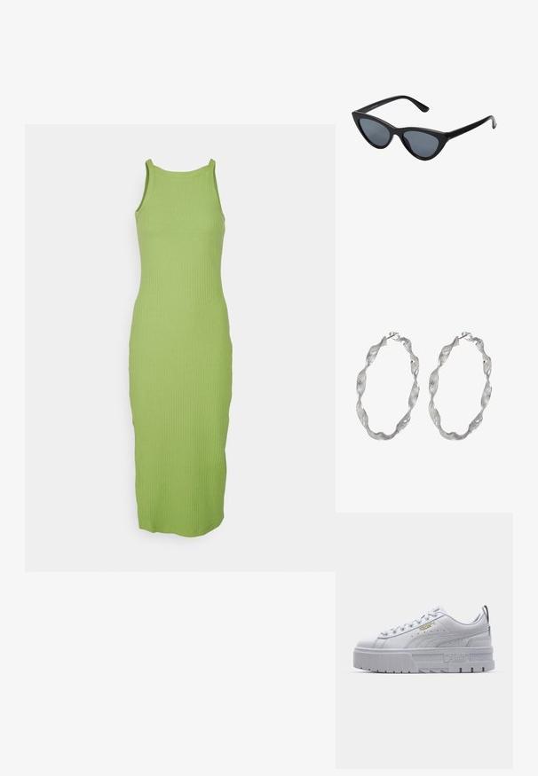 Gebreide tankjurk in felgroen met een ribbeltextuur, voorzien van een ronde halslijn en een aansluitende silhouet, die tot halverwege de kuit valt.; Witte platform sneakers met een leren bovenwerk, gevoerde kraag, grijze rubberen zool en gouden accenten met het Puma-logo.; Zwarte cat-eye zonnebril met donkergrijze lenzen, slank plastic frame, puntige hoeken en rechte pootjes. Geen zichtbare hardware of accenten.; Zilveren ringoorbellen met een gedraaide ontwerp, met een gestructureerd oppervlak en een veilige sluiting. Lichtgewicht en reflecterend met een vloeiende afwerking.