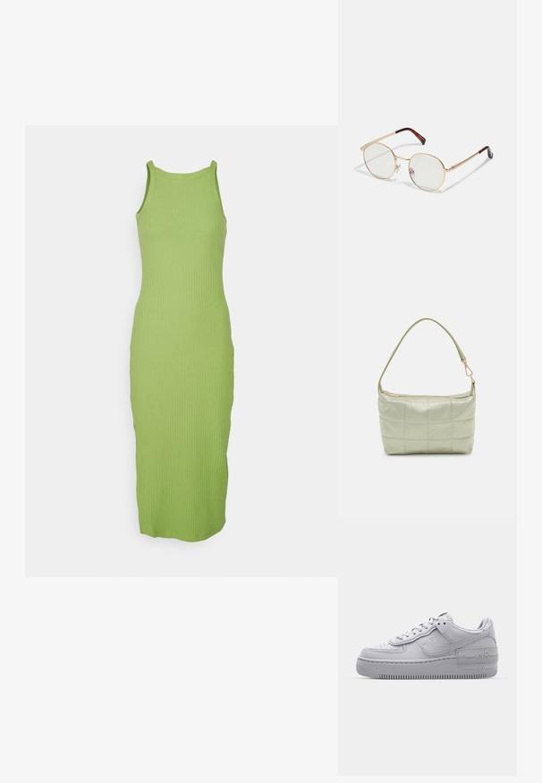 Heled roheline kudum DR dress, millel on ribatakstuur, ümmargune kaelus ja liibuv siluett, ulatudes kesk põlveni.; Hallitus hallid Nike Air Force 1 sneakerid, millel on augustatud varvas, siledast nahast ülemine osa, paks tall ning reljeefne 'AIR' detail kontsapadjal.; Kuldne metallist ovaalse raami prillid selgete läätsedega. Kilpkonnakilbi aktsendid prillide templitel. Reguleeritavad nina padjad mugavuse tagamiseks.; Pehmea tekstuuriga vooderdatud roheline õlavöökott, ristkülikukujuline, ühe rihmaga ja kuldse tõmblukuga. Omab tikandmustrit.