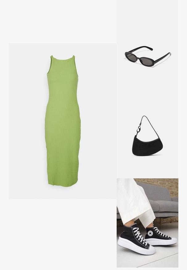 Robe débardeur en tricot de couleur vert vif avec une texture côtelée, dotée d'un col rond et d'une silhouette ajustée, arrivant au milieu du mollet.; Baskets montantes noires avec semelles et lacets en caoutchouc blanc. Dotées d'un patch logo rond et de surpiqûres blanches contrastantes. Matière en toile.; Even&Odd by Zalando Lunettes de soleil - black; Sac à main noir à la forme incurvée, texture lisse et courte bandoulière avec un fermoir en métal. Design minimaliste sans motifs ni accents.