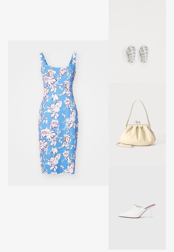 Blå blomsterkjole med en tætsiddende silhuet, firkantet udskæring og skulderstropper. Har pink og hvide blomster mønstre og en glat tekstur.; Hvide mule sko med spids snude, plisseret tekstur på overdelen og en slank stilet hæl. Glat overflade og minimalistisk design.; Cremefarvet blødt læder håndtaske med indsamlet design, sølvramme-lukkemekanisme, kort hank og aftagelig kæderem.; Sølv clip-on øreringe med spiralmønster, der har en glat metallisk tekstur og runde former. Ingen synlige udsmykninger eller mønstre.