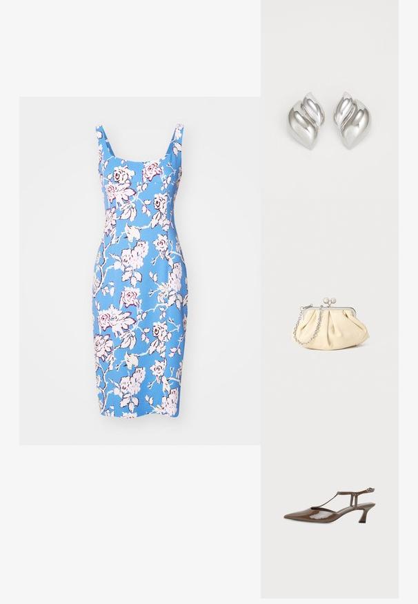 Vestido floral azul con una silueta ajustada, escote cuadrado y tirantes. Presenta patrones florales en rosa y blanco y una textura suave.; Zapato slingback de cuero marrón brillo con puntera puntiaguda, tacón bajo tipo kitten, tira en T fina y cierre de hebilla en el tobillo.; Clutch de cuero beige plisado con un marco de metal plateado, que cuenta con dos broches decorativos redondos y una correa de cadena plateada.; Pendientes de plata con una forma orgánica y abstracta. Superficie lisa y brillante con un diseño cónico. Presentan suaves curvas y un detalle de línea central.