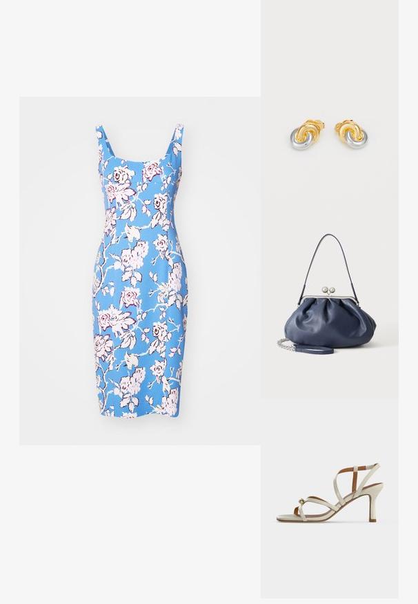 Vestido floral azul con una silueta ajustada, escote cuadrado y tirantes. Presenta patrones florales en rosa y blanco y una textura suave.; Sandalia de tacón alto beige con tiras finas que cruzan sobre el pie y una pequeña bola decorativa dorada cerca de la zona de los dedos.; Bolso de mano de cuero azul marino suave con cierre de broche plateado, una correa de hombro y correa de cadena desmontable para la muñeca sobre fondo blanco.; Pendientes en forma de nudo de oro y plata con superficies lisas y un acabado pulido, que cuentan con un soporte seguro para su uso.