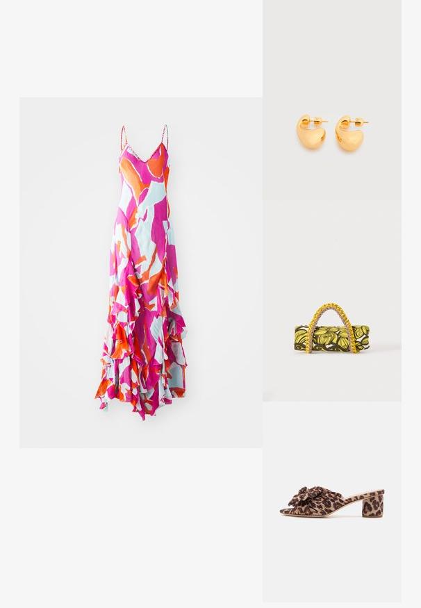 Maxi-jurk met spaghettibandjes, levendig roze, oranje en blauw abstract patroon, gerafelde zoom, lichtgewicht stof, vloeiende ontwerpen.; Luipaardprint heeled mules met een geplooide bovenkant en bloemaccent. Open te ontwerp en een medium blokhak met een textuurpatroon.; Rechthoekige tas met geel-zwart bloemenpatroon en gevlochten geel-roze handvat op witte achtergrond.; Paar kleine, stevige oorstekers in goudkleur met gladde, gebogen, abstracte vormen op een lichte achtergrond.