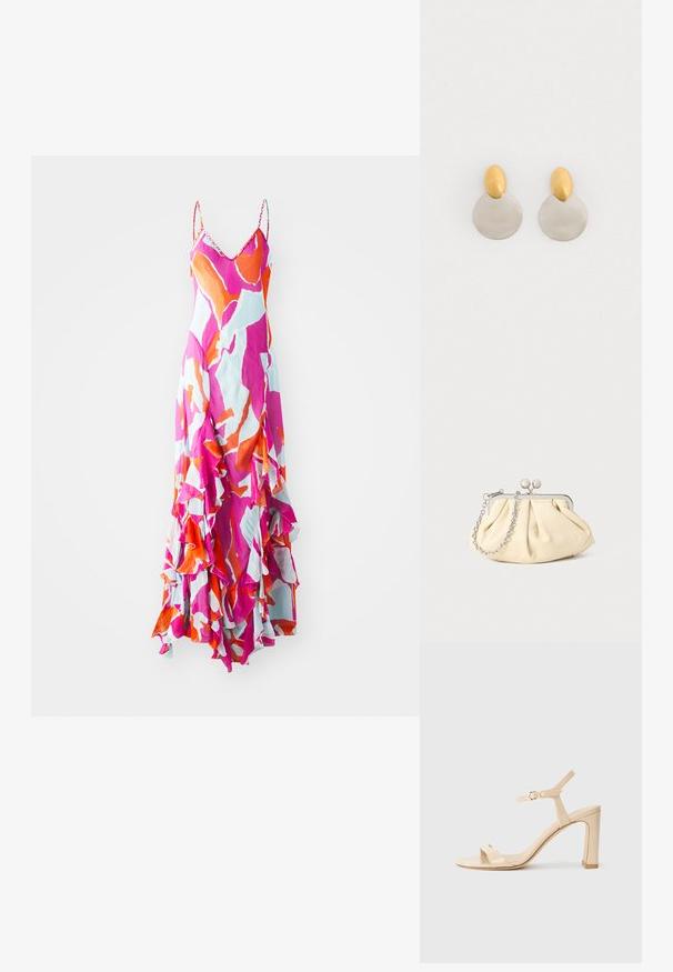 Maxikjole med spaghetti stropper, livlig pink, orange og blå abstrakt mønster, flæset kant, let vævning, flydende design.; Beige højhælede sandaler med ankelrem og guldspænde, åben tå og blokhæl på hvid baggrund.; Plisseret beige læderclutch med en sølvmetalramme, der har to runde dekorative låse og en sølvkædetrasporte.; Guld- og sølvmetalløreringe med en rund skivebund og et ovalt topstykke, glat tekstur og poleret finish.