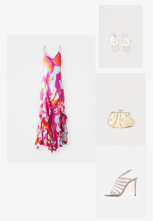 Maxikjole med spaghetti stropper, livlig pink, orange og blå abstrakt mønster, flæset kant, let vævning, flydende design.; Beige højhælet sandal med flere horisontale remme, en ankelrem med spænde og en slank stiletthæl på en hvid baggrund.; Plisseret beige læderclutch med en sølvmetalramme, der har to runde dekorative låse og en sølvkædetrasporte.; Gennemsigtige øreringe i skalform af harpiks med små gyldne accenter og tre hængende gennemsigtige dråbeformede charms på hver ørering.