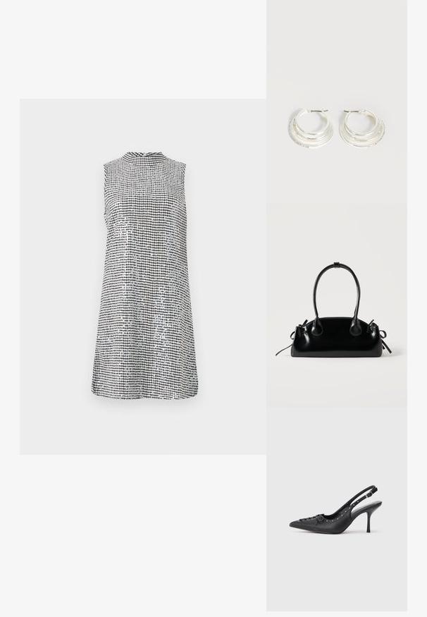 Sømløs kjole i sort og hvid ternet mønster, med høj hals og glat tekstur, der falder lige over knæet.; Sorte læder slingback stiletto med spids tå, side spændebånd, nitter langs kanten og dekorativ snøring foran.; Lille sort blank håndtaske med to lange håndtag og snøre-detaljer i siden på en ensfarvet lys baggrund.; Sølv hoop øreringe med tre lagdelte halvcirkelformede bånd, hvoraf det ene er udsmykket med små klare krystaller på en lys baggrund.