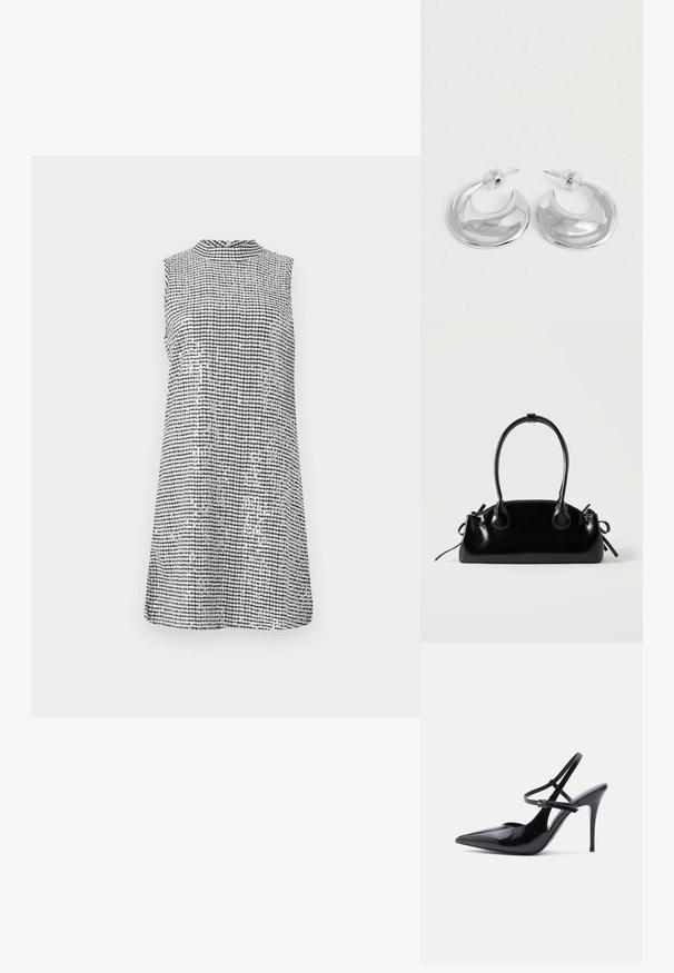 Robe sans manches en motif vichy noir et blanc, avec un col haut et une texture lisse, tombant juste au-dessus du genou.; Chaussure à talon haut en cuir verni noir à bout pointu, avec deux fines brides de cheville ajustables et un talon aiguille, vue de côté.; Petit sac à main noir brillant avec deux longues anses et des détails à cordon sur les côtés sur un fond clair uni.; Une paire de boucles d'oreilles en croissant argenté poli avec des supports en plastique transparent sur une surface blanche.