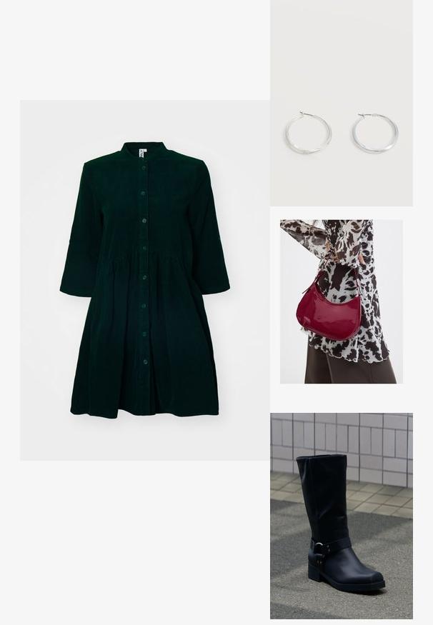 Donkergroene corduroy jurk met een knoopsluiting aan de voorkant, een mandarinkraag, driekwartmouwen en een geplooide taille voor extra detail.; Zwarte leren kuitlaars met een lage blokhak en een decoratieve riem met metalen gesp rond de enkel, op een betegeld trottoir.; Vrouw met een zwart-wit gebloemde blouse houdt een glanzende rode schoudertas vast tegen een effen achtergrond.; Zilverkleurige metalen creolen oorbellen met een glad, licht gebogen oppervlak en sluitingen met haaksluiting op een effen witte achtergrond.