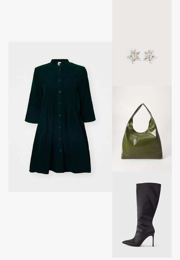 Vestido de pana verde oscuro con un frente abotonado, cuello mao, mangas a tres cuartos y cintura fruncida para mayor detalle.; Bota negra hasta la rodilla con tacón de aguja, hecha de material liso y elegante; punta puntiaguda; ajuste ceñido con un sutil fruncido cerca del tobillo; tacón brillante.; Bolsa hobo verde de cuero con un diseño suave, asa curvada y textura lisa. No contiene hardware visible ni acentos.; Pendientes de aro plateados en forma de estrella con un acabado liso y pulido sobre un fondo blanco liso.