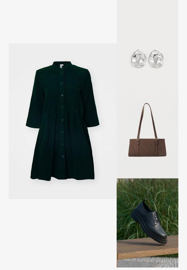 Donkergroene corduroy jurk met een knoopsluiting aan de voorkant, een mandarinkraag, driekwartmouwen en een geplooide taille voor extra detail.; Zwarte leren veterlaars met dikke zool zwevend boven een houten bank, met groene grasachtergrond.; Bruine rechthoekige schoudertas met lange riemen en minimale stikdetails op een effen achtergrond.; Zilveren abstracte studs met een gepolijste afwerking, met gladde rondingen en subtiele contouren. Geen zichtbare patronen of accenten.