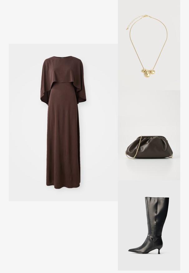 Vestido largo marrón con escote barco y amplias mangas tipo capa. Hecho de una tela suave con una textura lisa, presenta una silueta ajustada.; Bota negra de cuero hasta la rodilla, con punta afilada y tacón bajo tipo kitten, mostrada sobre un fondo claro y sencillo.; Bolso de mano de cuero marrón con un diseño fruncido, correa de cadena dorada y un acabado suave y texturizado. Forma compacta adecuada para uso nocturno.; Collar tono oro con tres colgantes irregulares, lisos y con forma de guijarro, en una cadena delgada con cierre ajustable.