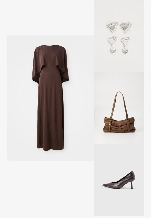 Robe maxi brune avec un décolleté bateau et de larges manches cape. Fabriquée en tissu doux avec une texture lisse, présentant une silhouette ajustée.; Escarpins à bout pointu en similicuir marron avec une texture crocodile, dotés d’un talon fin et angulaire ainsi que d’une doublure intérieure lisse.; Even&Odd by Zalando Sac à main - brown; Des boucles d'oreilles en argent en forme de cœur présentent des pierres claires facettées, avec un cadre texturé. L'ensemble comprend des styles à clou et des styles pendants.