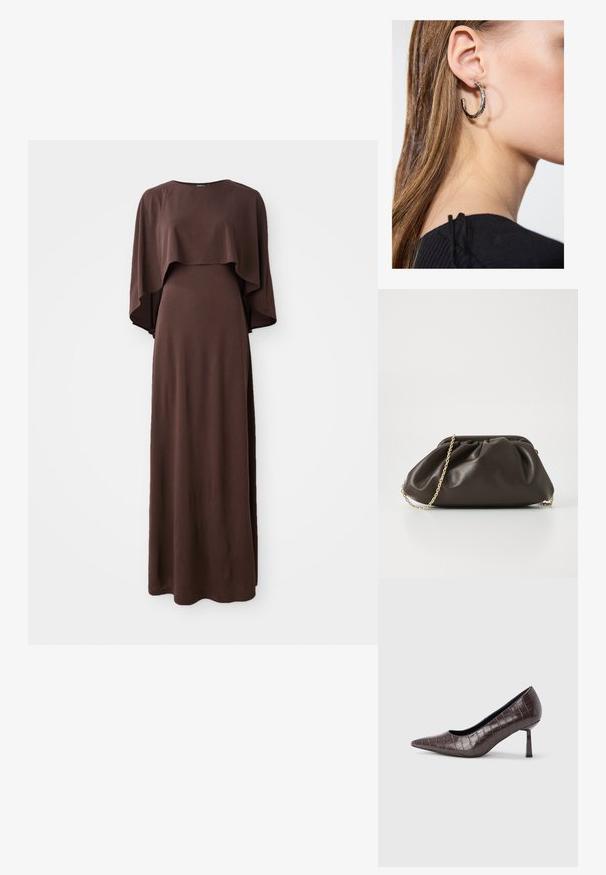 Vestido largo marrón con escote barco y amplias mangas tipo capa. Hecho de una tela suave con una textura lisa, presenta una silueta ajustada.; Tacones puntiagudos de cuero sintético marrón con textura de cocodrilo, con un tacón delgado y angular y un forro interior suave.; Bolso de mano de cuero marrón con un diseño fruncido, correa de cadena dorada y un acabado suave y texturizado. Forma compacta adecuada para uso nocturno.; Pendiente de aro de plata con un acabado pulido, que presenta pequeños detalles en dorado y una forma redonda, llevado en el lóbulo.