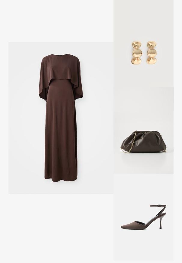 Robe maxi brune avec un décolleté bateau et de larges manches cape. Fabriquée en tissu doux avec une texture lisse, présentant une silhouette ajustée.; Chaussure à talon haut en daim marron à bout pointu, avec une fine bride de cheville et une boucle argentée sur fond blanc.; Sac à main en cuir marron avec un design froncé, une bandoulière en chaîne dorée et une finition douce et texturée. Sa forme compacte est idéale pour une utilisation en soirée.; Boucles d’oreilles pendantes ton or avec trois segments irréguliers, lisses et arrondis empilés verticalement sur un fond clair uni.