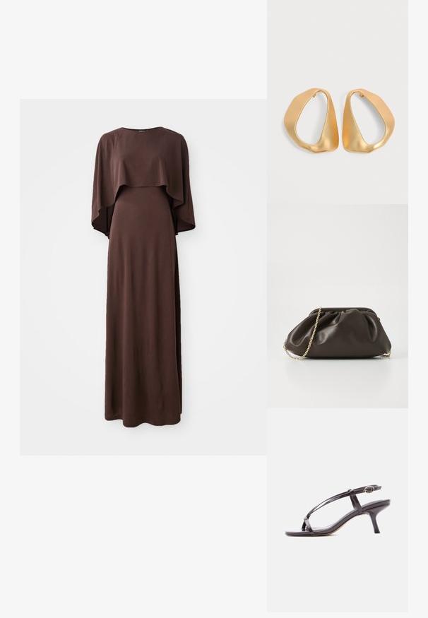 Vestido largo marrón con escote barco y amplias mangas tipo capa. Hecho de una tela suave con una textura lisa, presenta una silueta ajustada.; Sandalia de piel negra charol con tacón bajo, tiras finas cruzadas y una pequeña hebilla dorada en la correa del tobillo.; Bolso de mano de cuero marrón con un diseño fruncido, correa de cadena dorada y un acabado suave y texturizado. Forma compacta adecuada para uso nocturno.; Par de pendientes de aro dorados irregulares y asimétricos con acabado suave y mate sobre fondo neutro.