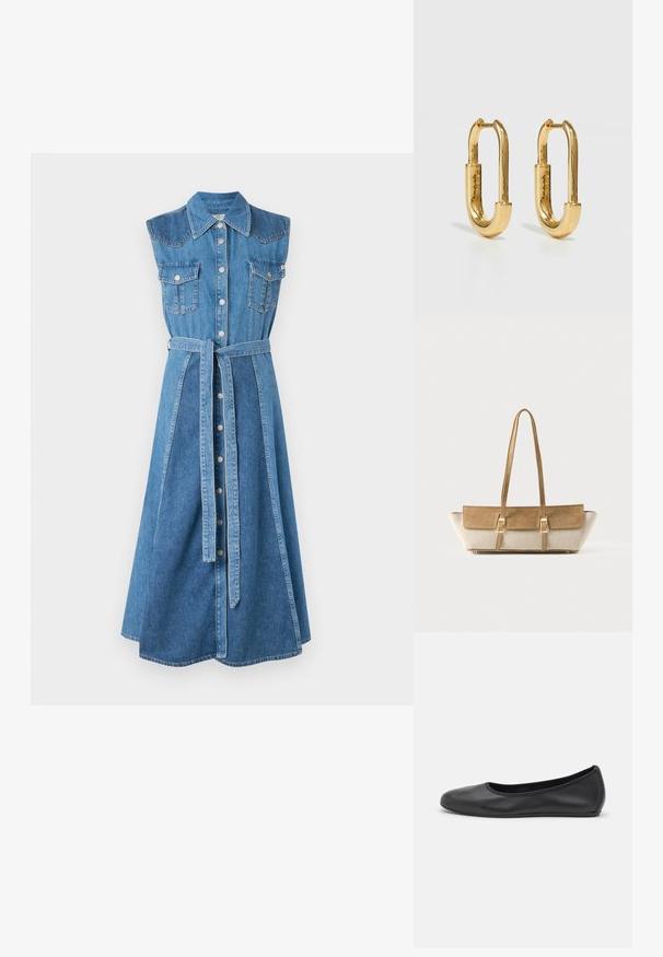 Denim jurk met een kraag, mouwloos ontwerp, twee borstzakken, een ceintuur in de taille en een mid-length, uitlopende zoom. Lichtblauwe kleur.; Zwarte leren ballerina met een ronde neus, gladde textuur, minimale stikdetails en een flexibele zoolontwerp.; Beige en tan rechthoekige schoudertas met suède klep, twee gouden gespen, lange dunne riemen en brede stoffen zijkanten op een witte achtergrond.; Gouden metalen creolen met een langwerpige ovale vorm, voorzien van een gladde, gepolijste oppervlakte en een kleine scharnier voor bevestiging.
