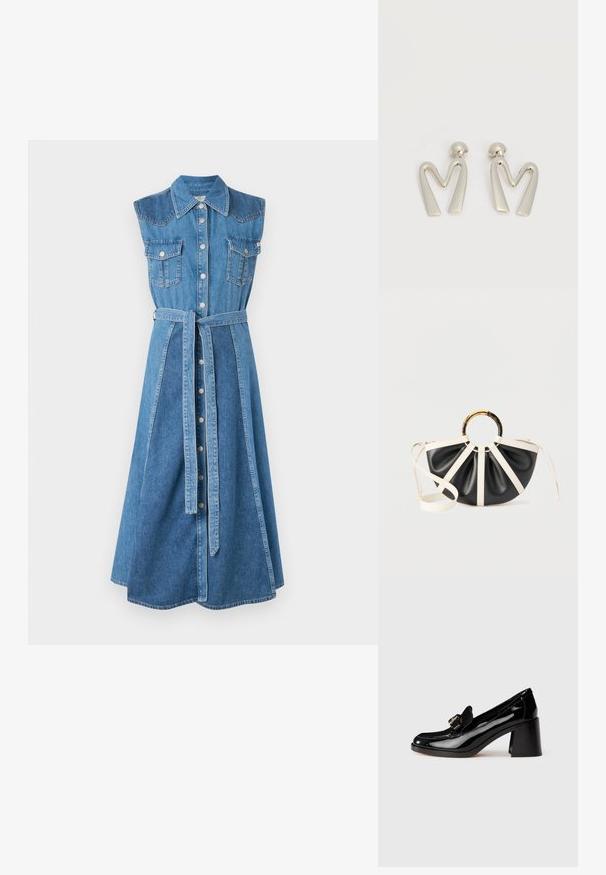 Denim-paita mekko, jossa on kauluksellinen kaula, hihaton malli, kaksi rintataskua, vyötärölle sidottu vyö ja keskipitkä, levenevä helma. Vaaleansininen väri.; Mustat kiiltonahkakengät, joissa on korkea kantapää, pyöristetty varvas, koristeellinen hihna ja tukeva lohkokanta. Sujuva pinta ja kiiltävä lopputulos.; Musta-valkoinen puolipyöreä käsilaukku laskoksilla, pyöreällä kilpikonnakuviollisella ja kultaisella kahvalla sekä valkoisella säädettävällä olkahihnalla.; Pari hopeanvärisiä metallikorvakoruja, jotka on muotoiltu kulmikkaiksi M-kirjaimiksi ja joissa on pyöristetyt tapit valkoisella taustalla.