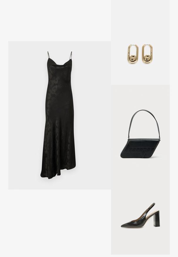 Schwarzes Satin-Maxikleid mit verstellbaren dünnen Trägern, Samtkragen und floralem Texturmuster, das sich über den gesamten Stoff zieht. A-Linien-Silhouette.; Schwarzer Leder-Slingback-Schuh mit spitzer Kappe, hohem Blockabsatz und beigegefüttertem Innenraum vor hellem, einfarbigem Hintergrund.; Schwarze Leder-Umhängetasche mit dreieckiger Form, geprägt mit Logo und einem einzigen verstellbaren Riemen. Minimalistisches Design mit glatter Textur.; BOSS DOUBLE B SWING - Ohrringe - gold-coloured