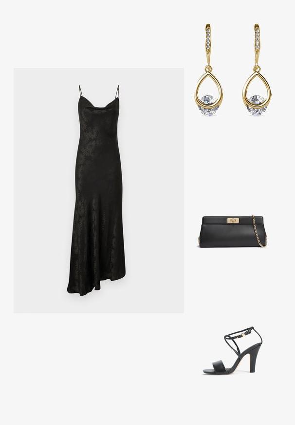 Schwarzes Satin-Maxikleid mit verstellbaren dünnen Trägern, Samtkragen und floralem Texturmuster, das sich über den gesamten Stoff zieht. A-Linien-Silhouette.; Schwarze Sandale mit hohem Absatz, dünnem Knöchelriemen, goldener Schnalle, offenem Zehenbereich und Blockabsatz, seitlich auf weißem Hintergrund dargestellt.; Schwarze Clutch aus Leder mit goldfarbenem Metall-Drehverschluss und passendem goldfarbenem Ketten-Schulterriemen.; Goldene Tropfenohrringe mit runden, klaren Edelsteinen an der Basis. Texturierter Oberbereich mit kleinen, runden Akzenten entlang des Creolen.