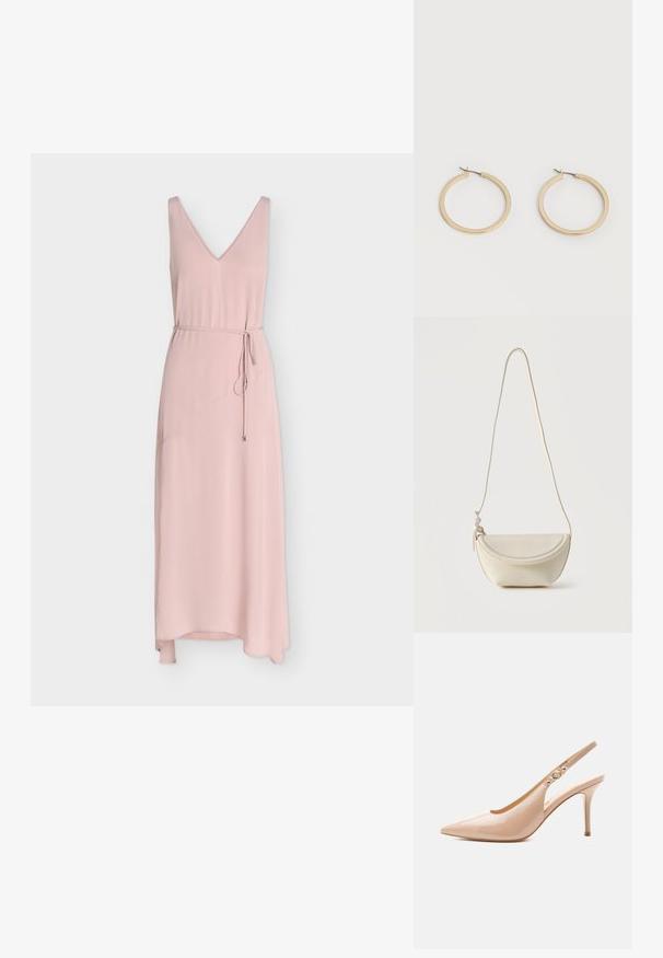 Robe midi rose blush sans manches avec encolure en V et fine ceinture nouée à la taille, avec un ourlet légèrement asymétrique.; Chaussure slingback beige en cuir verni à talon haut avec bout pointu et petit détail de boucle dorée sur la bride.; Petit sac bandoulière en cuir crème avec rabat incurvé et longue lanière fine suspendu sur un fond uni.; Paire de boucles d'oreilles créoles moyennes lisses ton or avec fermoirs à charnière sur fond clair uni.