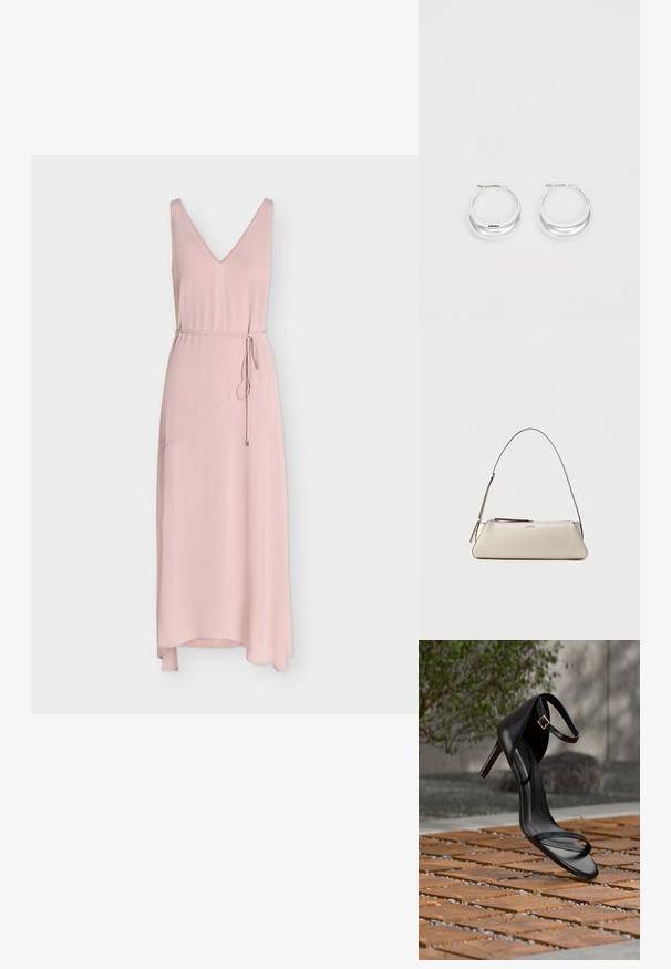 Robe midi rose blush sans manches avec encolure en V et fine ceinture nouée à la taille, avec un ourlet légèrement asymétrique.; Sandale noire à talon haut avec sangle à la cheville, suspendue au-dessus d'un sol en carreaux de bois à l'extérieur, avec un arrière-plan flou de verdure et de pierre.; Petit sac à épaule en cuir beige avec une fine bandoulière et une fermeture éclair, orné d'un logo métallique discret au centre avant.; Boucles d'oreilles en argent avec une finition polie et un branding DKNY, présentées sur un fond blanc uni.