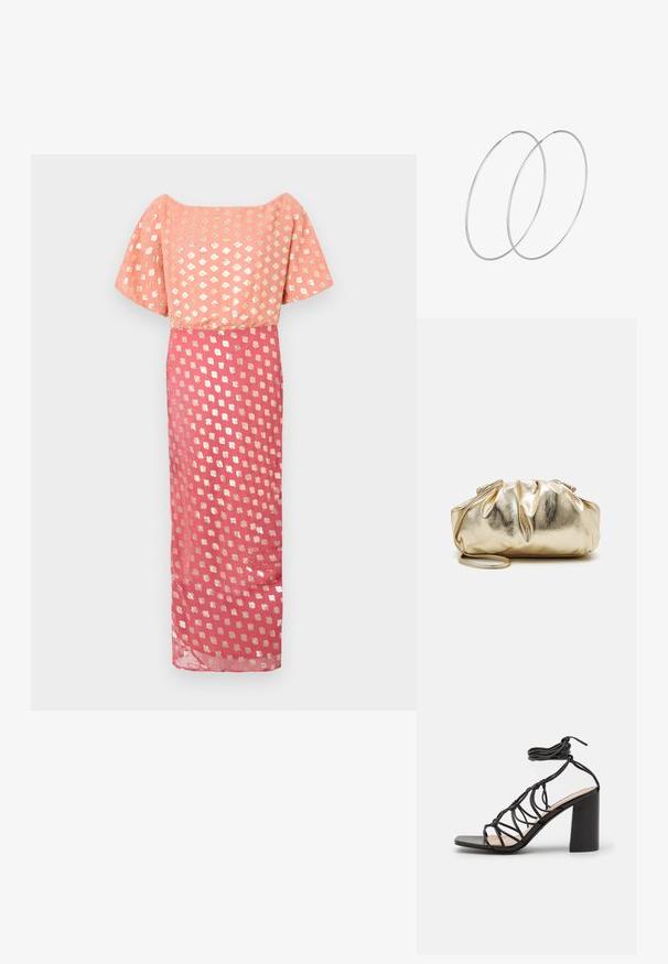 Largo vestido con un corpiño rosa con un patrón floral metálico, mangas cortas y anchas, y una falda fluida con un patrón plateado similar.; RAID KELSEY - Sandalias - black; Bolso de mano metálico dorado con una textura arrugada, forma redondeada suave y una correa de cadena desmontable. Presenta un diseño fruncido en la parte superior.; Pendientes de aro plateados con un diseño minimalista. Forma circular, textura suave y perfil delgado. Livianos con un acabado pulido.