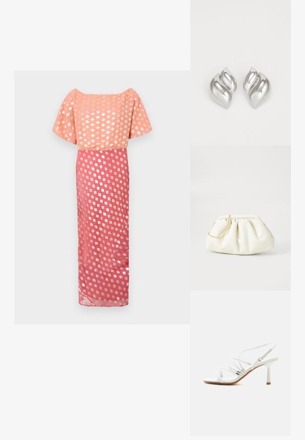 Largo vestido con un corpiño rosa con un patrón floral metálico, mangas cortas y anchas, y una falda fluida con un patrón plateado similar.; Sandalia blanca de tacón alto con tiras finas, detalles plateados, puntera cuadrada y un tacón delgado de altura media sobre un fondo blanco liso.; Bolso de mano de cuero blanco con un diseño recogido, cuenta con una cadena dorada y forma redondeada. Textura suave con pliegues suaves y sin patrones.; Pendientes de plata con una forma orgánica y abstracta. Superficie lisa y brillante con un diseño cónico. Presentan suaves curvas y un detalle de línea central.