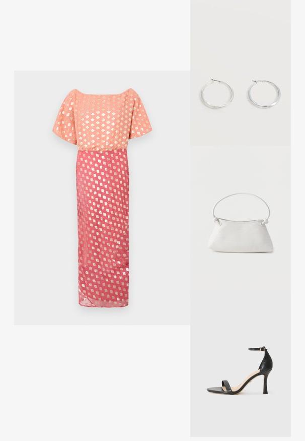 Langes Kleid mit einem rosa Oberteil mit metallischem Blumenmuster, kurzen weiten Ärmeln und einem fließenden Rock mit einem ähnlichen silbernen Muster.; Schwarze Leder-High-Heel-Sandale mit dünnem Knöchelriemen, offener Zehenpartie und einem eleganten, geschwungenen Absatz. Strukturiertes Sohlenprofil und minimalistisches Design.; Weiße gewebte Lederhandtasche mit abgerundetem Griff und verknoteten Riemenenden, vor schlichtem Hintergrund präsentiert.; Silberne Metallcreolen mit glatter, leicht gebogener Oberfläche und Klappverschluss vor schlicht weißem Hintergrund.