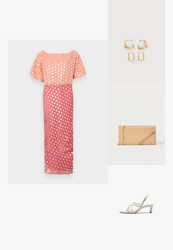 Langes Kleid mit einem rosa Oberteil mit metallischem Blumenmuster, kurzen weiten Ärmeln und einem fließenden Rock mit einem ähnlichen silbernen Muster.; Zign Pumps - off white; Beige Umschlag-Clutch mit goldenem Kettenriemen vor einem schlichten weißen Hintergrund.; Zwei Paare goldfarbener geometrischer Creolen auf einer schlichten weißen Oberfläche, ein Paar quadratisch und massiv, ein Paar rechteckig und hohl.