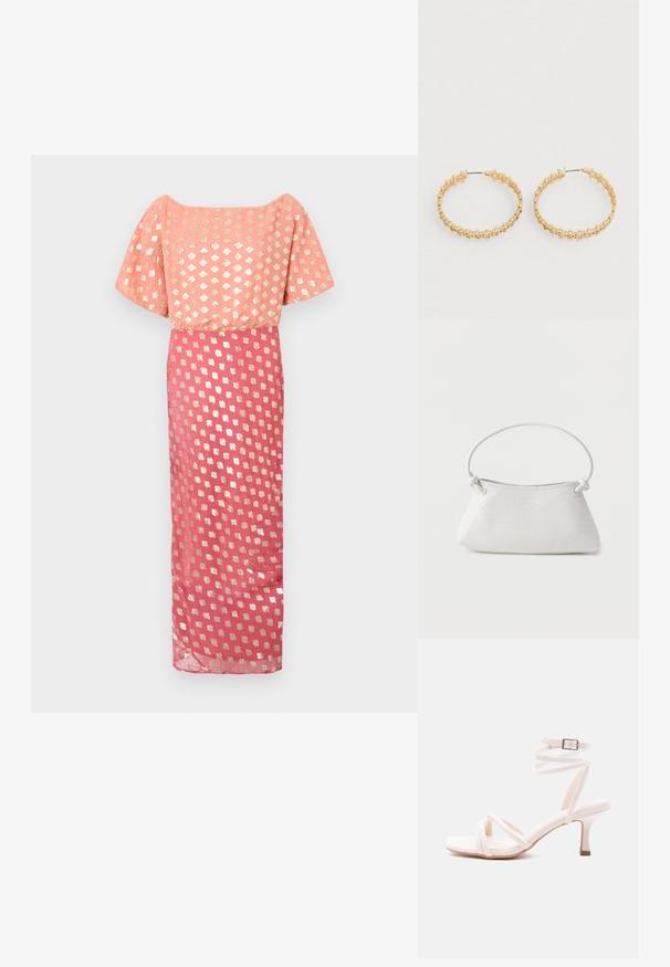 Largo vestido con un corpiño rosa con un patrón floral metálico, mangas cortas y anchas, y una falda fluida con un patrón plateado similar.; Sandalia blanca de tacón con tiras en la parte delantera, correa envolvente en el tobillo con hebilla y tacón delgado de altura media, sobre un fondo liso.; Bolso de mano de cuero blanco tejido con asa redondeada y extremos de la correa anudados, exhibido sobre un fondo liso.; Pendientes de aro de oro con un diseño texturizado y pequeñas cuentas redondas a lo largo del borde exterior. Ligeros y con un cierre seguro.