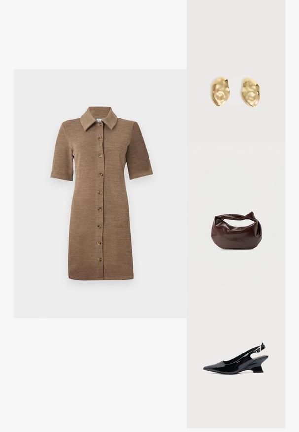Robe en maille marron avec un col à revers, des manches courtes et une fermeture boutonnée sur le devant. Tissu texturé avec une silhouette ajustée.; Chaussure slingback en cuir verni noir avec bout pointu et petit talon bloc incliné sur fond clair uni.; Sac bandoulière en cuir marron foncé avec une forme souple et décontractée et une anse nouée torsadée sur un fond blanc uni.; Paire de boucles d'oreilles en métal doré brillant, de forme irrégulière, avec une surface froissée et lisse sur un fond clair uni.