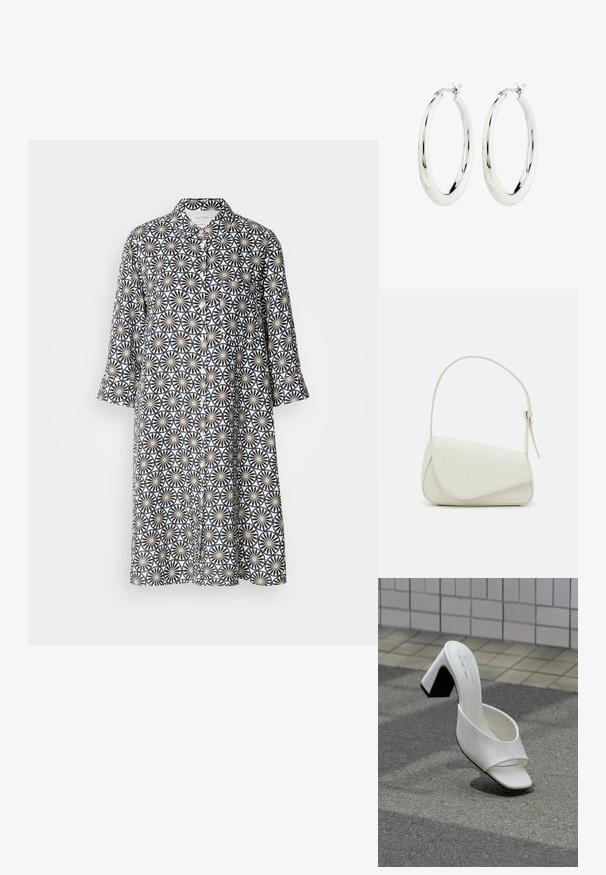 Vestido de botones en tono navy, con un patrón geométrico floral sobre un fondo claro. Mangas largas, hasta las rodillas, con cuello y un bolsillo en la parte delantera.; Un mule blanco de punta abierta con tacón cuadrado, sobre asfalto gris frente a una pared con azulejos.; Bolso de mano de imitación cuero blanco con una forma triangular estructurada, correa ajustable única y cierre con solapa acentuada en curva.; Pendientes de aro de plata con un acabado suave y brillante. Forma circular, con un cierre seguro. Diseño sencillo y elegante.