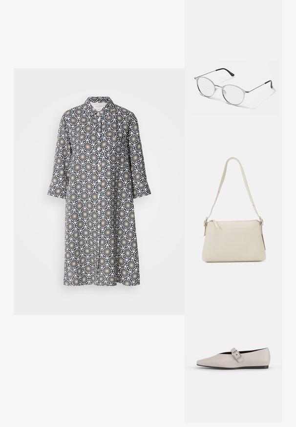 Knapp-up kjole i navy, med et blomster geometrisk mønster på en lys baggrund. Lange ærmer, knælang, med krave og frontlomme.; Beige læder flad sko med spidse tæer, en sidelukning som accent og en lav sort sål. Glat tekstur og minimalistisk design.; Metallic sølvbriller med runde linser og en tynd ramme. Sorte tempelspidser giver kontrast. Justerbare næsepuder medfølger.; Beige skuldertaske lavet af glat læder med lynlås-lukning. Har et enkelt design, slank skulderrem og metalbeslag som detaljer.