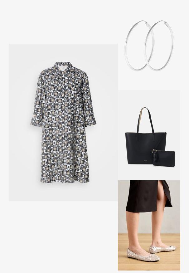Knapp-up kjole i navy, med et blomster geometrisk mønster på en lys baggrund. Lange ærmer, knælang, med krave og frontlomme.; Beige stæl ballet flats med en rund tå, der har en bueaccent, parret med en sort nederdel, vist på et trægulv.; Sort tote taske med struktureret materiale, to lange håndtag og en aftagelig lynlåspose med en frynse-detalje. Guld mærkelogo synligt.; Sølvfarvede hoop øreringe med en glat, rund form og en poleret overflade. Begge øreringe er i samme størrelse og har en sikker lukke mekanisme.