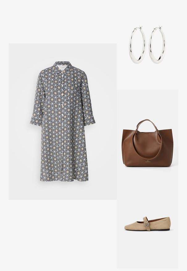 Knapp-up kjole i navy, med et blomster geometrisk mønster på en lys baggrund. Lange ærmer, knælang, med krave og frontlomme.; Beige ruskind Mary Jane flade sko med spids tå og et enkelt justerbart strop med en sølv spænde. Sort flad sål.; Brun læder tote bag med en glat tekstur, store runde håndtag, prydet med minimalistisk design og logo prentet på bunden.; Sølvøreringe i form af hoops med en glat, blank finish. Cirkulær form, der har en sikker lås. Simpelt og elegant design.