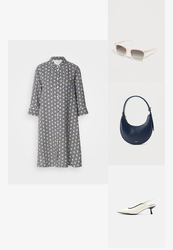 Knopfkleid in Marineblau mit einem floralen geometrischen Muster auf hellem Hintergrund. Lange Ärmel, knielang, mit Kragen und frontaler Tasche.; Cremfarbener Slingback-Schuh mit spitzer Spitze, niedrigem schwarzem Kitten-Heel und glattem Lederfinish vor weißem Hintergrund.; Quadratische Sonnenbrille mit matt-hellrosa Rahmen und verlaufenden grauen Gläsern. Verfügt über dezente silberne Hardware-Akzente an den Bügeln.; Glatt lederne Handtasche in dunkelblauem Halbmond-Design mit einem einzelnen Träger und einem goldenen Reißverschluss, auf der Vorderseite mit kleinem goldfarbenem "FURLA"-Logo.