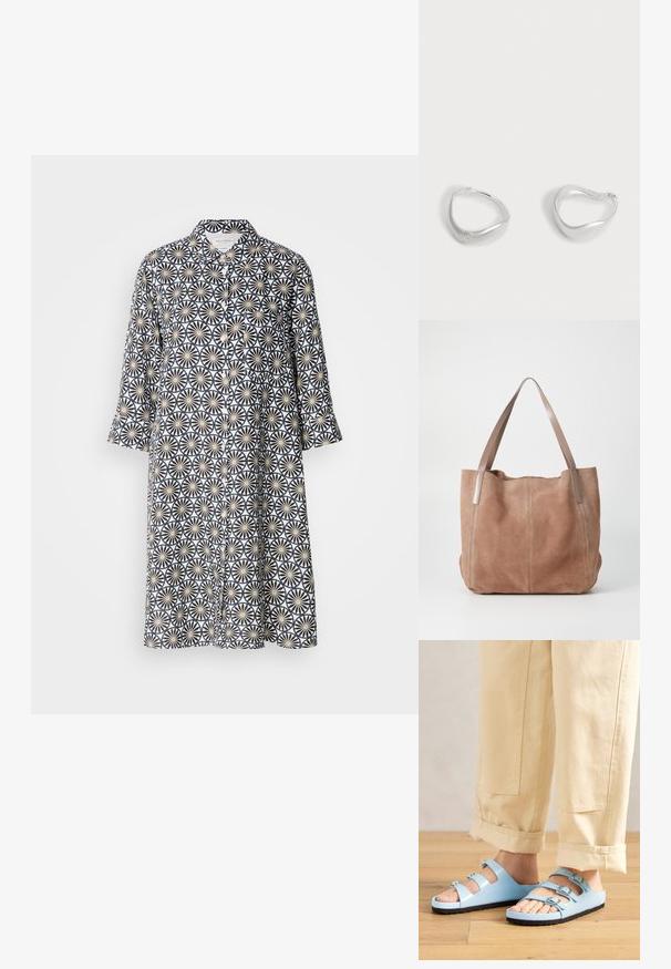 Knopfkleid in Marineblau mit einem floralen geometrischen Muster auf hellem Hintergrund. Lange Ärmel, knielang, mit Kragen und frontaler Tasche.; Helle blaue Flip-Flops mit drei verstellbaren Riemen und silbernen Schnallen; strukturierte Sohle und glattes Obermaterial. Tragen mit hochgerollten beigen Hosen.; Anna Field by Zalando LEATHER - Shopping Bag - taupe; Paar glatte silberfarbene Creolen mit einer leicht unregelmäßigen dreieckigen Form auf einfachem hellem Hintergrund.