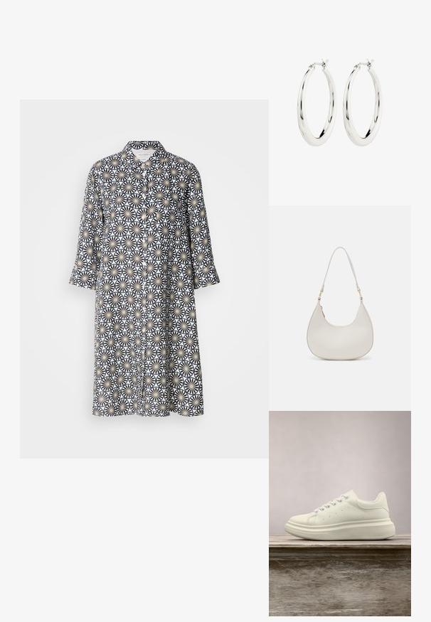 Knopfkleid in Marineblau mit einem floralen geometrischen Muster auf hellem Hintergrund. Lange Ärmel, knielang, mit Kragen und frontaler Tasche.; Weißer Ledersneaker mit rundem Zehenbereich, glatter Textur und kontrastierenden Schnürsenkeln. Verfügt über Belüftungslöcher und eine dicke Gummisohle für Komfort.; Cremfarbene Leder-Schultertasche mit einer Halbmondform, dünnem Schulterriemen und subtilen Stichdetails. Minimalistisches Design mit goldfarbenen Hardware-Akzenten.; Silberne Creolen mit einer glatten, glänzenden Oberfläche. Kreisform, ausgestattet mit einem sicheren Verschluss. Einfaches und elegantes Design.