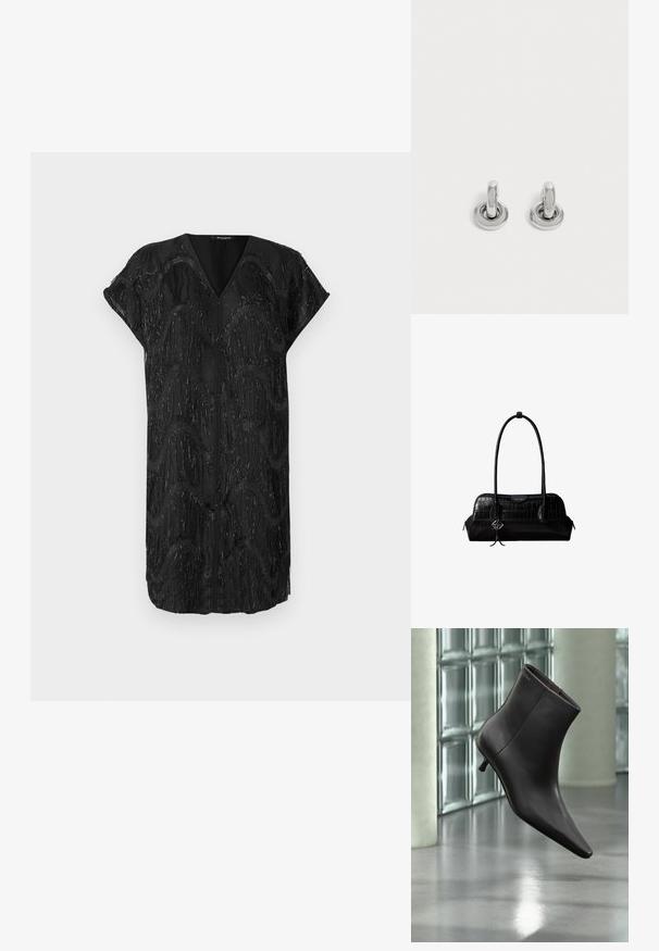 Robe noire avec un décolleté en V et des manches courtes, présentant un design texturé de franges verticales miroitantes dans des motifs ondulés.; Bottine en cuir noir avec bout pointu et petit talon, présentée devant un mur en blocs de verre et un sol poli.; Sac à épaule en cuir noir à texture crocodile, avec de longues sangles et un petit charm logo argenté sur une sangle.; Paire de petites boucles d'oreilles créoles argentées brillantes avec une base ronde, présentées sur un fond clair uni.