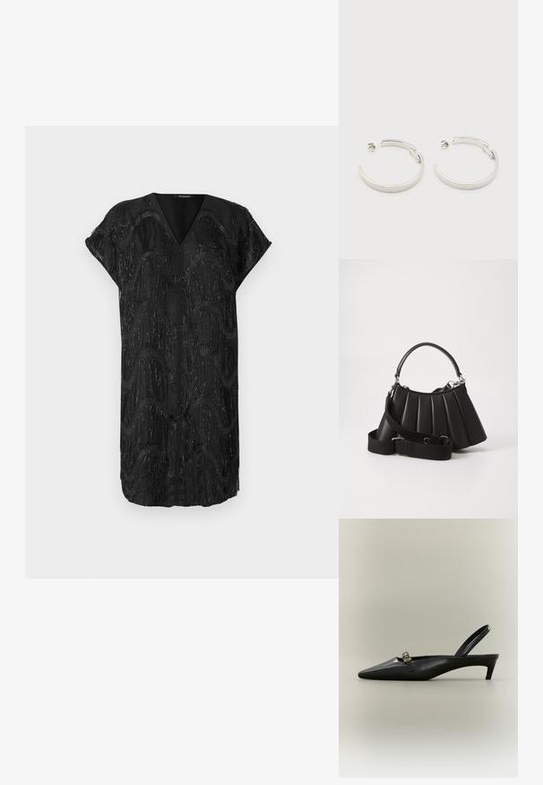 Sort kjole med V-udskæring og korte ærmer, der har et tekstureret design af glitrende lodrette frynser i bølgende mønstre.; Sort læder slingback med kitten heel, spids tå og lille guldfarvet spænde på en ensfarvet baggrund.; Sort plisseret handbag med et rundet håndtag, justerbar rem og blank overflade. Har sølvfarvet hardware og en struktureret silhuet.; Sølvfarvede halvcirkelformede creoler med riflet tekstur og trykknapslukning på hvid baggrund.