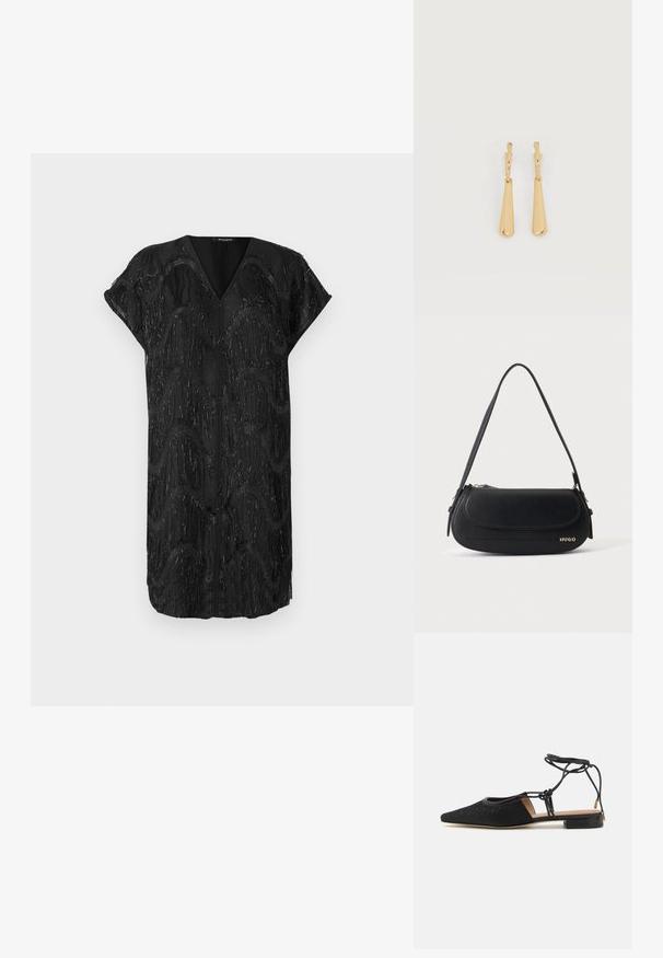 Robe noire avec un décolleté en V et des manches courtes, présentant un design texturé de franges verticales miroitantes dans des motifs ondulés.; Chaussure plate noire avec un bout pointu, dessus texturé, liens autour de la cheville et un petit talon carré. Présente un motif subtil sur le matériau.; Sac à épaule en cuir noir avec rabat incurvé, logo doré "HUGO" sur le devant, et une bandoulière réglable.; Boucles d'oreilles pendantes en ton or avec des pendentifs lisses en forme de goutte allongée suspendus à de petites attaches en forme d'anneau sur un fond blanc.
