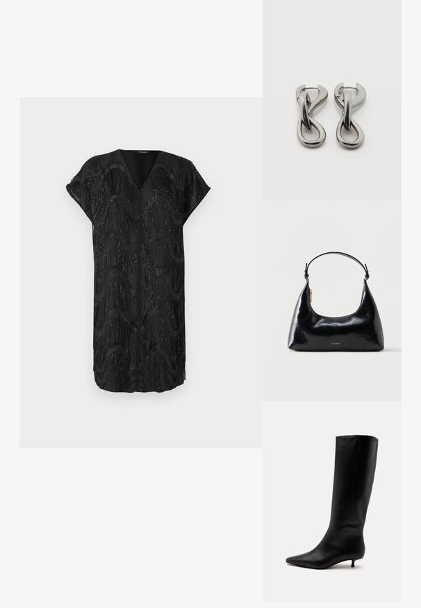 Robe noire avec un décolleté en V et des manches courtes, présentant un design texturé de franges verticales miroitantes dans des motifs ondulés.; Botte noire en cuir jusqu'au genou avec bout pointu et petit talon kitten sur un fond clair uni.; Sac à main Calvin Klein noir brillant avec fermeture éclair dorée et anse courte sur fond blanc uni.; Paire de boucles d'oreilles en métal argenté avec un motif abstrait d'anneaux entrelacés sur fond blanc.