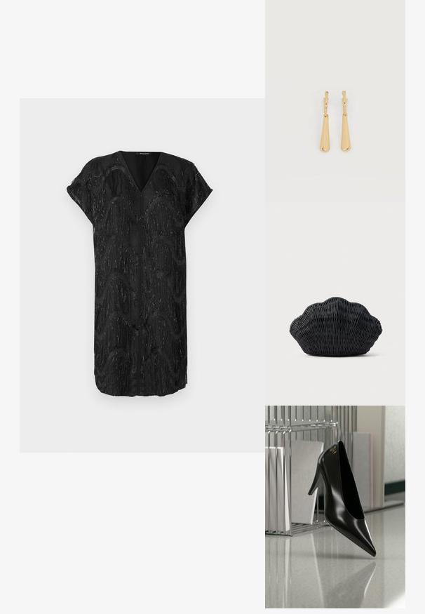 Robe noire avec un décolleté en V et des manches courtes, présentant un design texturé de franges verticales miroitantes dans des motifs ondulés.; Chaussure noire à talon haut avec bout pointu et logo doré, posée sur une surface réfléchissante près d'un organiseur de dossiers en fil chromé contenant des documents.; Sac à main en osier noir en forme de coquille Saint-Jacques avec un dessus courbé et une texture tressée sur un fond uni.; Boucles d'oreilles pendantes en ton or avec des pendentifs lisses en forme de goutte allongée suspendus à de petites attaches en forme d'anneau sur un fond blanc.