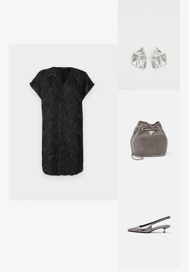 Zwarte jurk met V-hals en kapmouwen, met een getextureerd ontwerp van glinsterende verticale franjes in golvende patronen.; Metallic grijze slingback-schoen met spitse neus, lage kittenhak en verstelbare band op een witte achtergrond.; Metalen grijze emmer tas met rhinestone versieringen, een trekkoordsluiting en een zilveren kettingriem. Heeft een logo plaat aan de voorkant.; Zilveren metalen oorbellen met een golvend, sculpturaal ontwerp, voorzien van een gepolijste afwerking en onregelmatige vormen, die een hedendaagse esthetiek benadrukken.