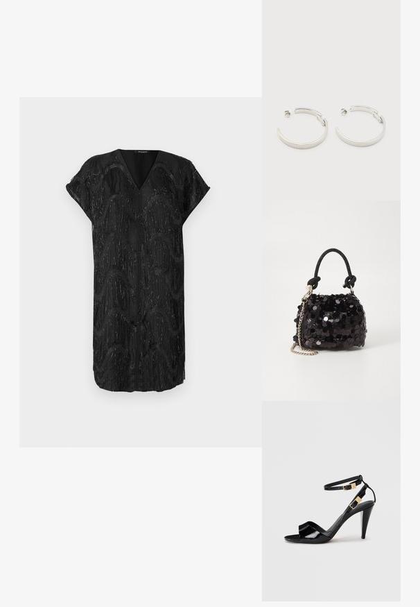 Robe noire avec un décolleté en V et des manches courtes, présentant un design texturé de franges verticales miroitantes dans des motifs ondulés.; Sandale à talon haut en cuir verni noir avec double bride de cheville et boucles dorées, bout ouvert, et talon effilé sur fond neutre.; Mini sac à main en sequins noirs avec une bandoulière texturée nouée et une chaîne argentée. Forme arrondie avec un haut froncé et des détails réfléchissants.; Boucles d'oreilles demi-cercles ton argent avec texture striée et fermoirs à pression sur fond blanc.