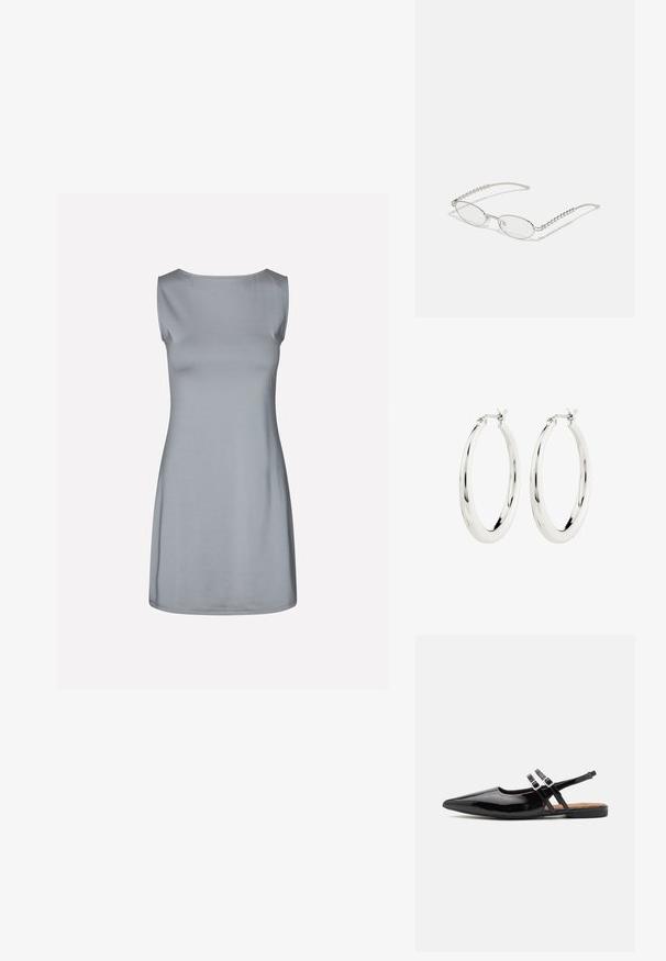 Mouwloze jurk van lichtgrijze stof, met een ronde halslijn en een rechte, A-lijnsilhouet, met een gladde textuur en een minimalistisch ontwerp.; Zwarte gepatineerde leren slingback schoenen hebben een spitse neus, twee banden met gespsieraden en een platte zool.; Ovale brillen met een metallic zilveren montuur, heldere glazen en getextureerde kraalaccenten op de tempels. Lichtgewicht ontwerp met gebogen armen.; Zilveren oorbellen in de vorm van een gladde, glanzende ring. Circulaire vorm, voorzien van een veilige sluiting. Eenvoudig en elegant ontwerp.